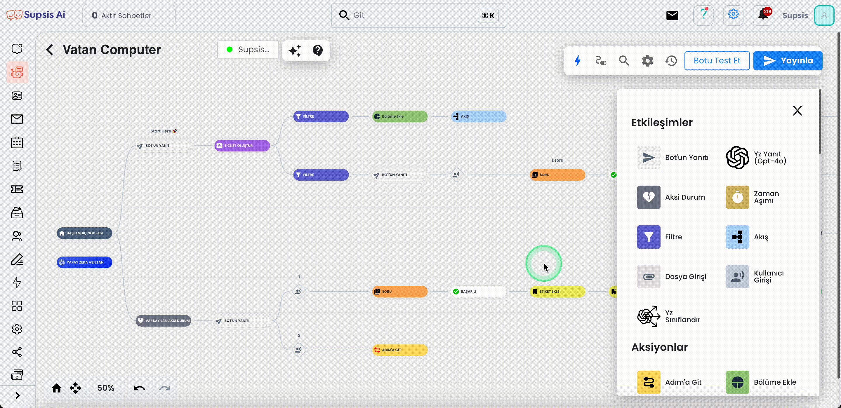 Chatbot Senaryolar Ekranı Genel Görünüm