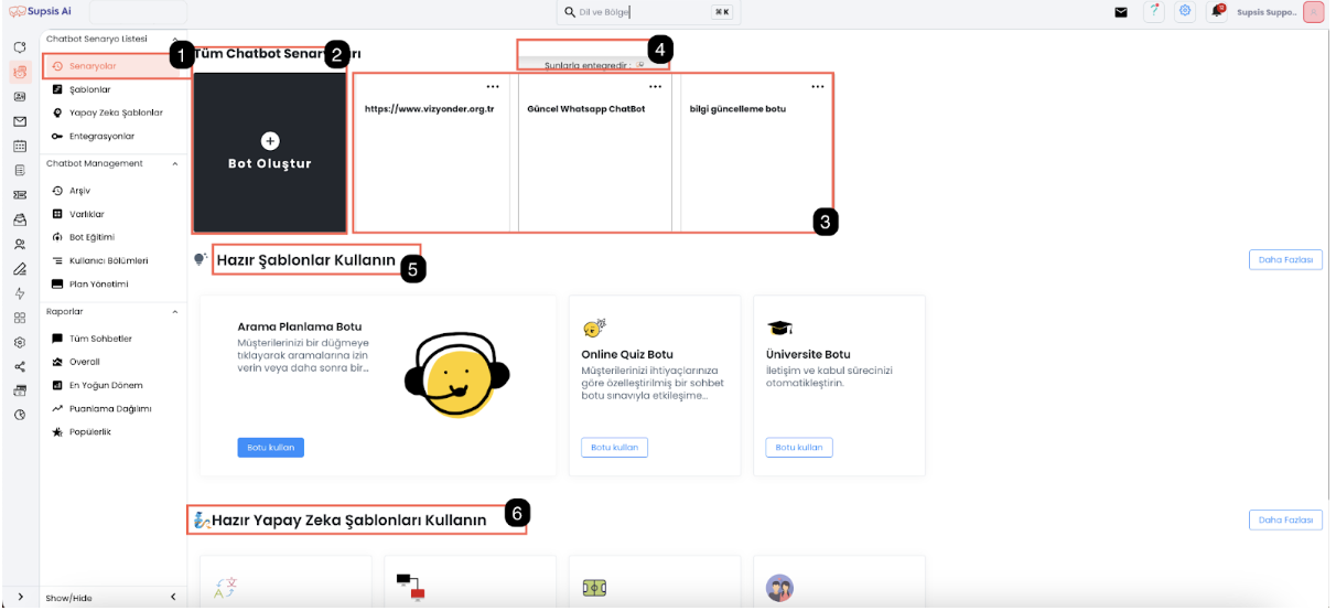 Chatbot Senaryolar Ekranı Genel Görünüm